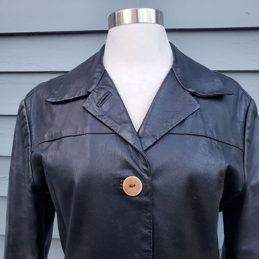 Vintage 90s y2k Bratz Black Leather Mod Boho Western Button Front Trench Coat Md - Picture 6 of 9